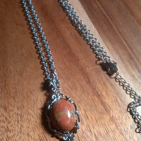 Unakite Silvertone Pendant Stainless Steel Necklace - Picture 3 of 12